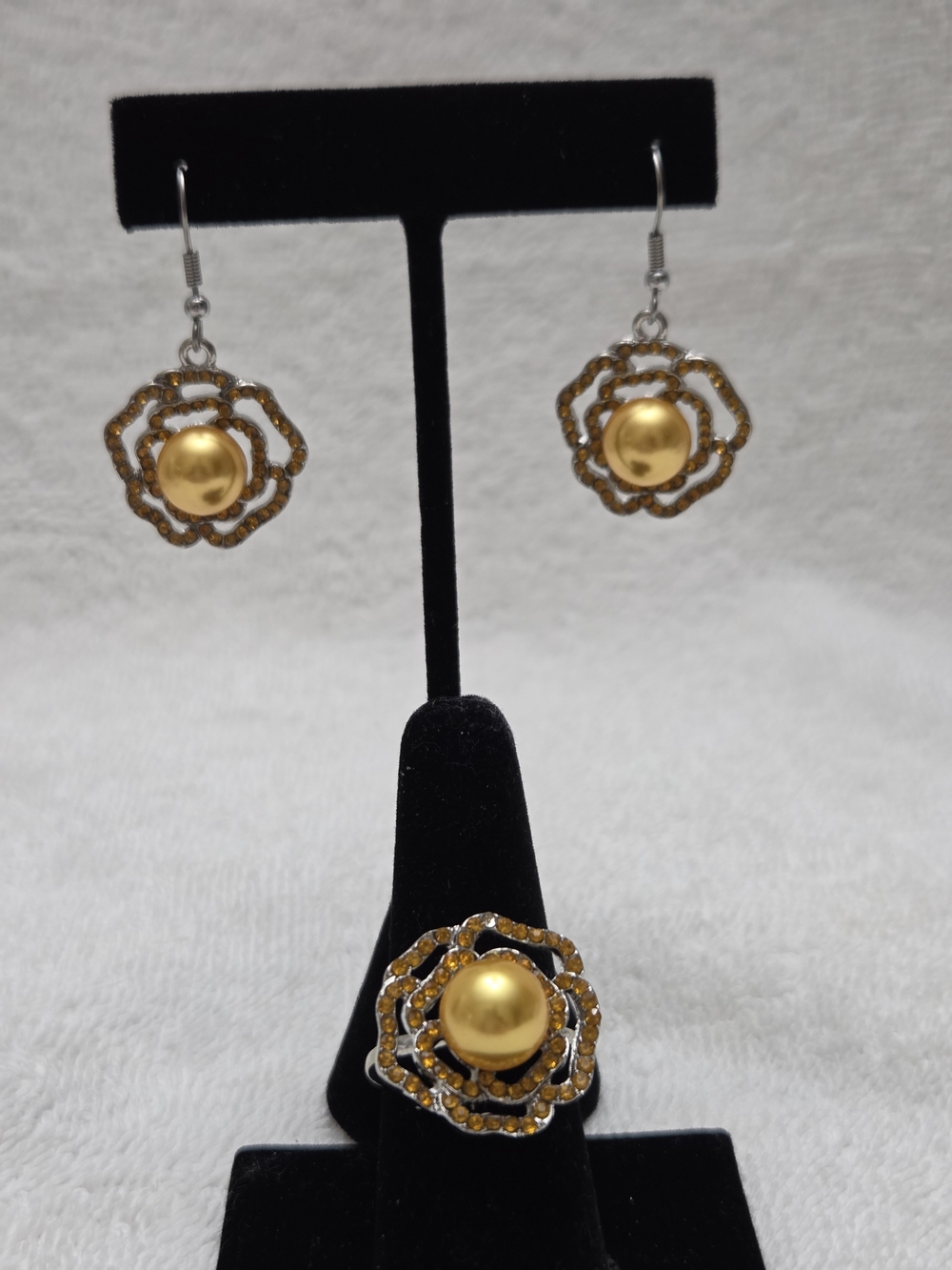 Simulated Golder Pearl, Champagne Austrian Crystal Rose Earrings and Ring Set